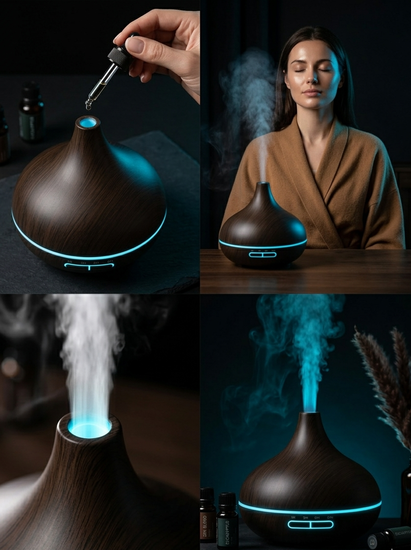 Diffuseur d'huiles essentielles électrique 550ml en bois avec brume apaisante et lumière LED pour une ambiance zen à la maison.