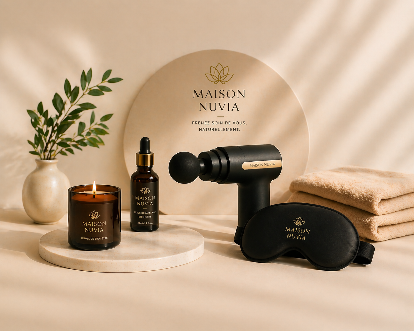 Univers bien-être Maison Nuvia avec masseur de relaxation, huile essentielle et accessoires premium pour détente et récupération