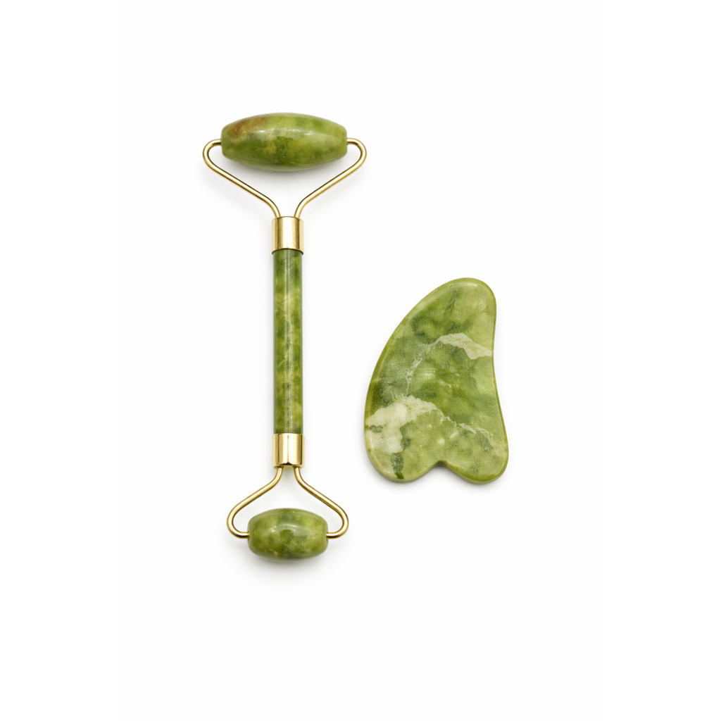 Rouleau de massage visage en jade vert double embout avec pierre gua sha pour drainage lymphatique et effet lifting naturel