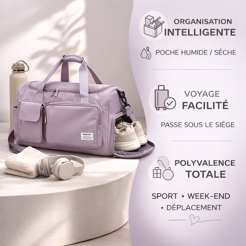 Sac week end violet avec multiples poches zippees et bandouliere detachable, parfait pour sport, voyage et deplacements quotidiens.