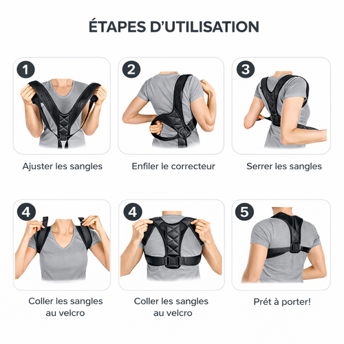 Soutien dorsal noir ergonomique avec boucle réglable et structure renforcée