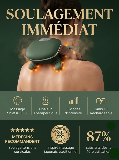 Gros plan du masseur shiatsu avec fonction chaleur thérapeutique agissant sur les trapèzes pour un soulagement immédiat.