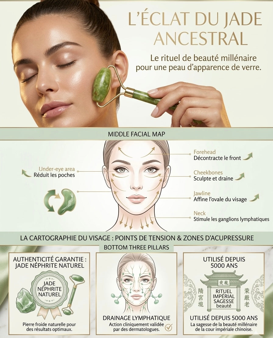 Schéma explicatif des points de tension du visage et des mouvements de massage avec le rouleau de jade pour réduire les poches et rides.