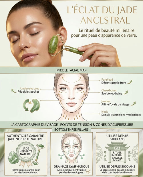 Schéma explicatif des points de tension du visage et des mouvements de massage avec le rouleau de jade pour réduire les poches et rides.
