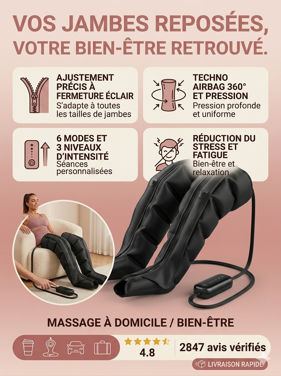 Infographie présentant les avantages du masseur de jambes : technologie airbag 360°, 6 modes d'intensité et réduction du stress.