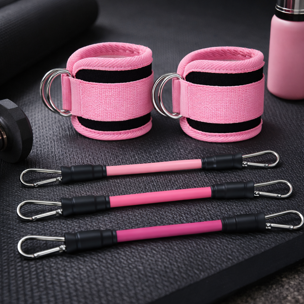 Paire de chevillères de fitness roses rembourrées avec mousquetons et bandes élastiques assorties sur un tapis de sport.