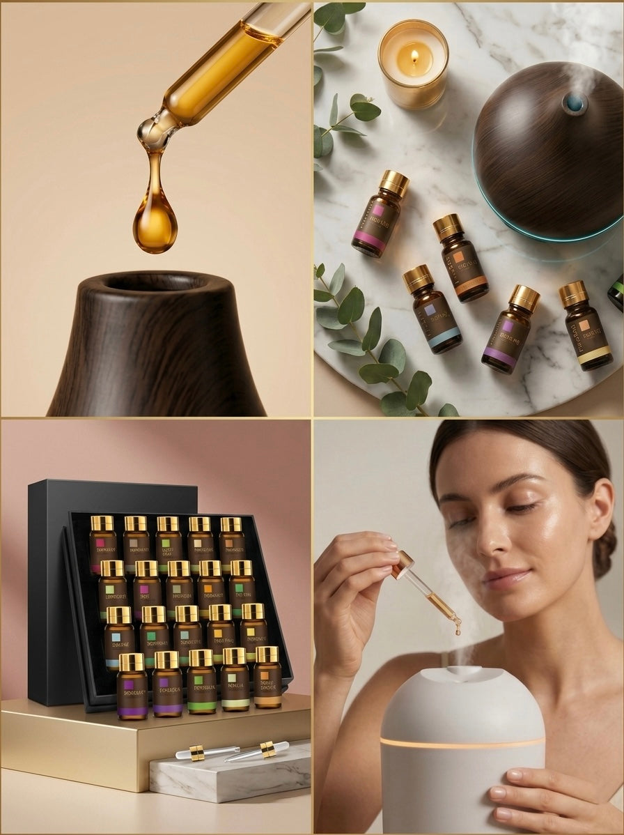 Coffret de 20 flacons d'huiles essentielles Mayjam avec diffuseur en bois et femme profitant d'un rituel de soin aromatique.
