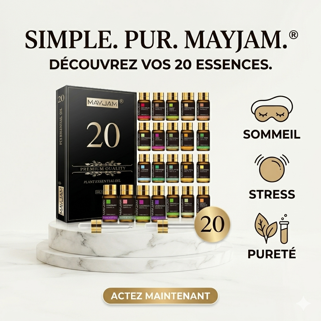 Présentation du coffret de 20 huiles essentielles Mayjam sur socle en marbre, mettant en avant les bienfaits pour le sommeil, le stress et la pureté.