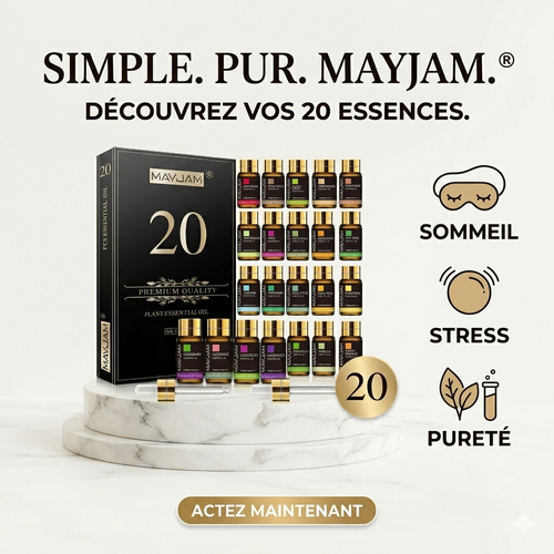 Présentation du coffret de 20 huiles essentielles Mayjam sur socle en marbre, mettant en avant les bienfaits pour le sommeil, le stress et la pureté.