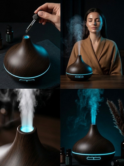 Diffuseur d'huiles essentielles électrique 550ml en bois avec brume apaisante et lumière LED pour une ambiance zen à la maison.