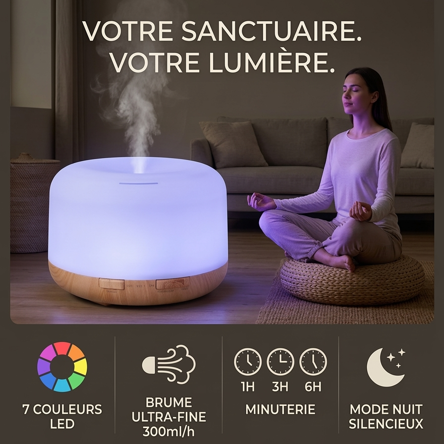 Une personne au premier plan, les yeux clos, inhale la brume parfumée s'échappant d'un élégant diffuseur d'huiles essentielles en bois, posé sur une table, dans une atmosphère calme et relaxante. Il met en valeur l'expérience et le bénéfice.