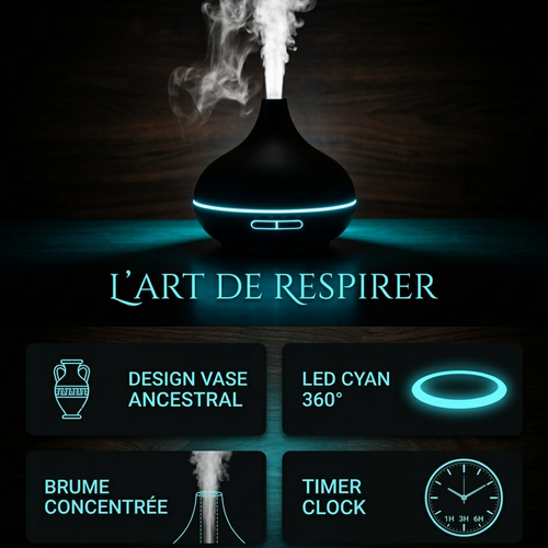 Collection de diffuseurs d'arômes à ultrasons disponibles en trois finitions : bois noir, bois clair et bois blanc, avec réservoir de grande capacité.