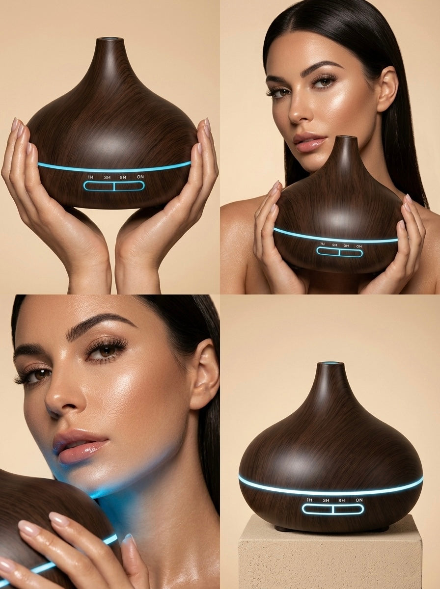 Diffuseur brumisateur silencieux avec anneau LED cyan et design de vase ancestral, idéal pour purifier l'air et créer une atmosphère calme.