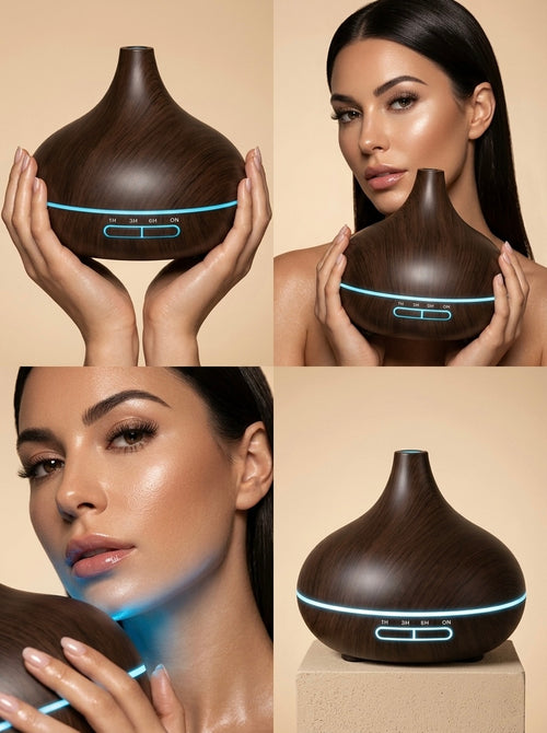 Diffuseur brumisateur silencieux avec anneau LED cyan et design de vase ancestral, idéal pour purifier l'air et créer une atmosphère calme.