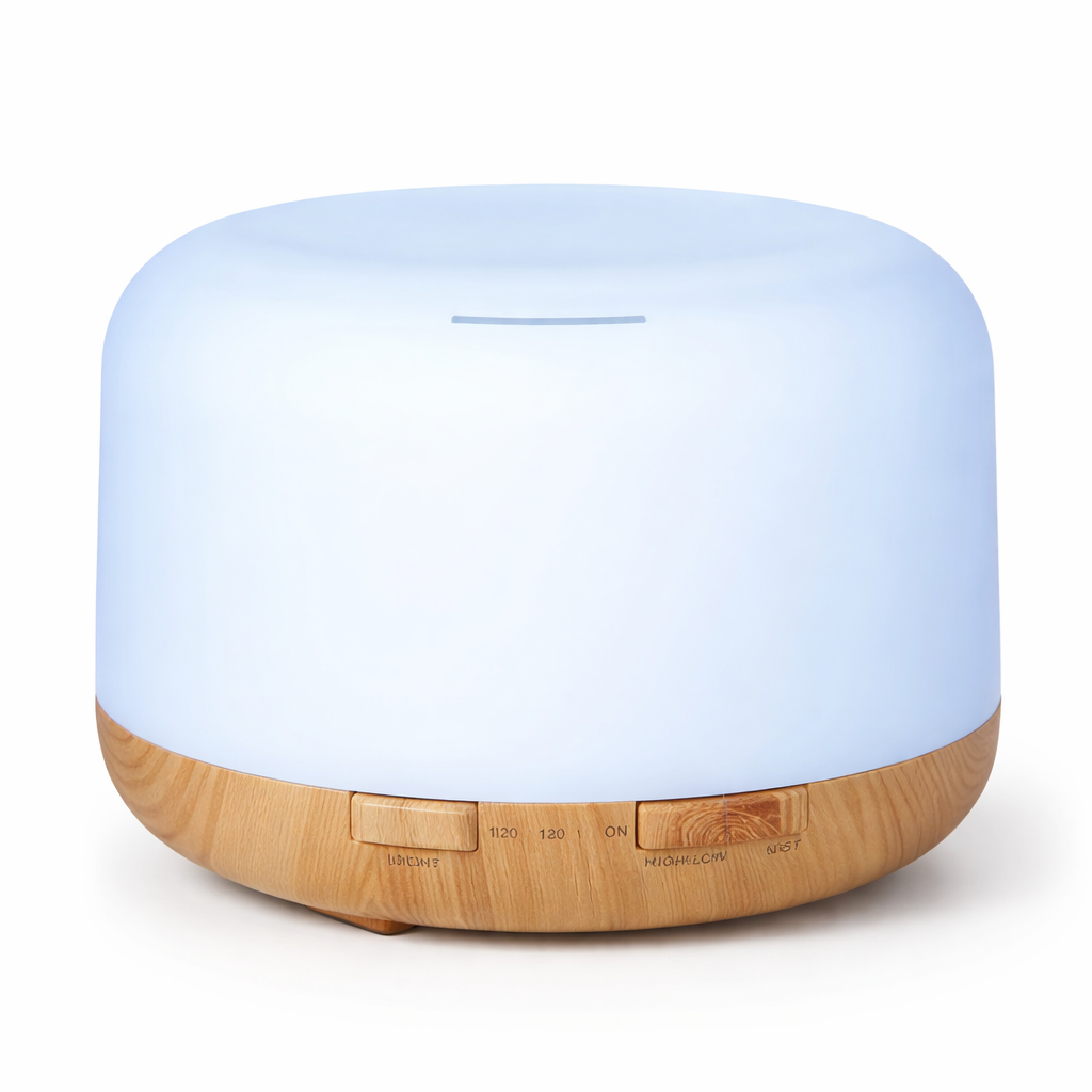 Diffuseur d’huiles essentielles blanc avec base effet bois, design minimaliste pour purifier et humidifier l’air intérieur.