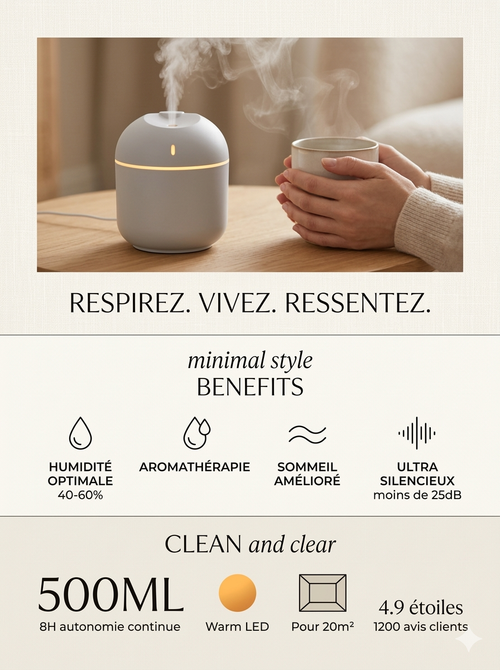 Infographie du diffuseur Brume Pure™ soulignant ses avantages : humidité optimale, sommeil amélioré et fonctionnement ultra-silencieux sous 25dB.