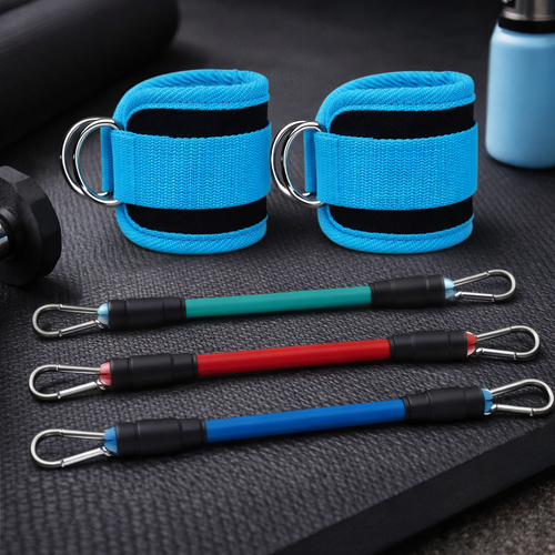 Kit d'entraînement de résistance comprenant des chevillères bleues et trois bandes élastiques de sport pour le renforcement musculaire.