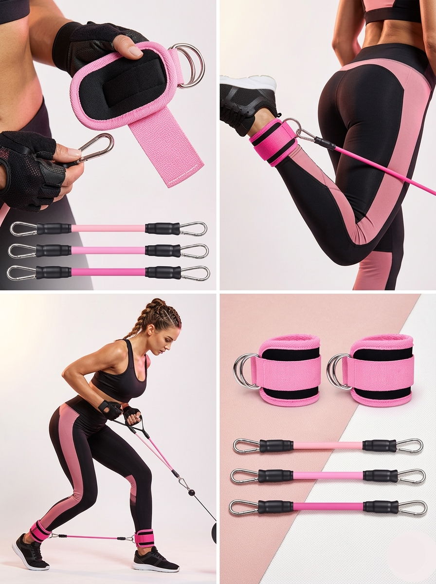 Montage montrant une femme utilisant des bandes élastiques et des chevillères roses pour muscler les jambes et les fessiers.