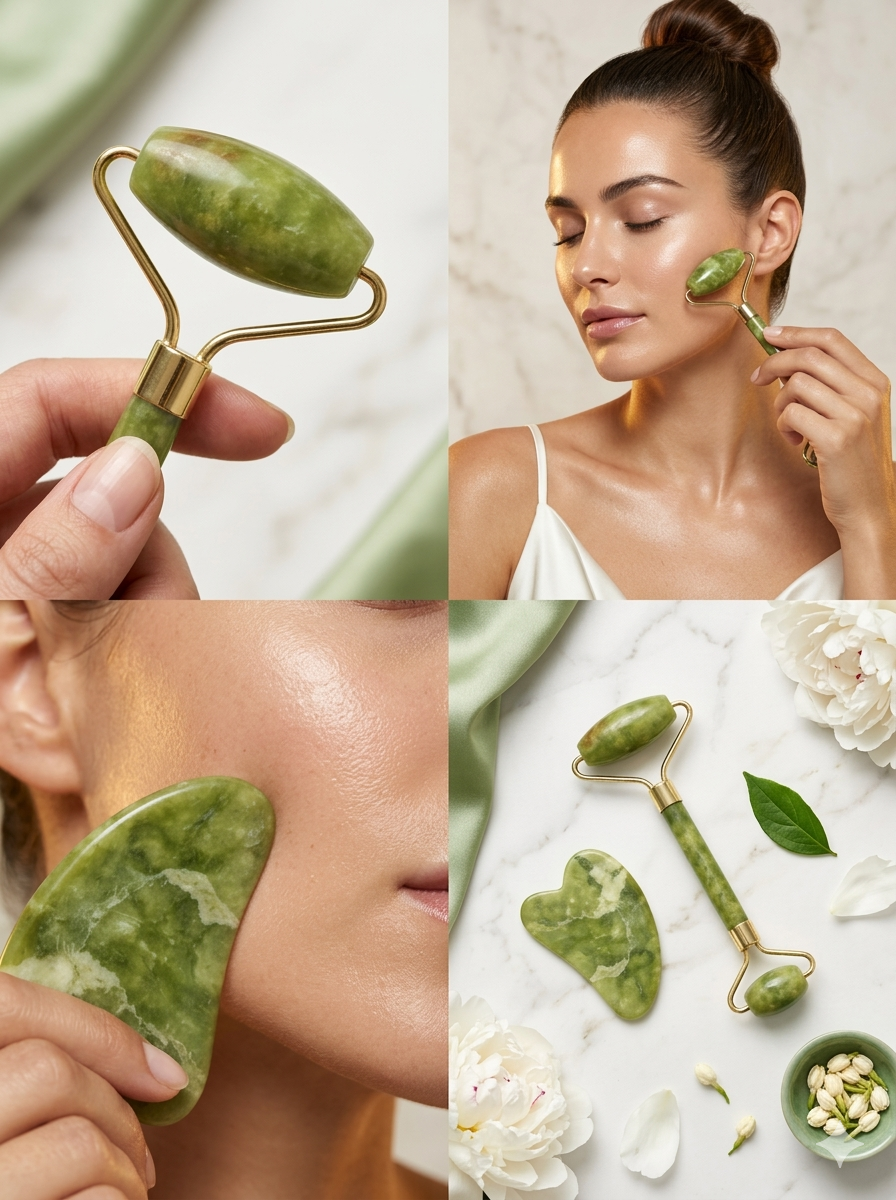 Utilisation d'un rouleau de jade naturel et d'une pierre Gua Sha sur le visage pour un massage drainant et raffermissant.