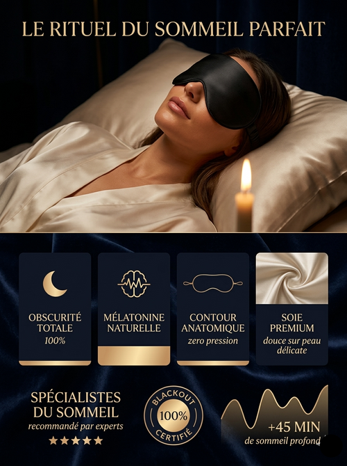 Femme dormant avec un masque de nuit ergonomique, mettant en avant les avantages : obscurité 100%, aide à la mélatonine et contour anatomique.