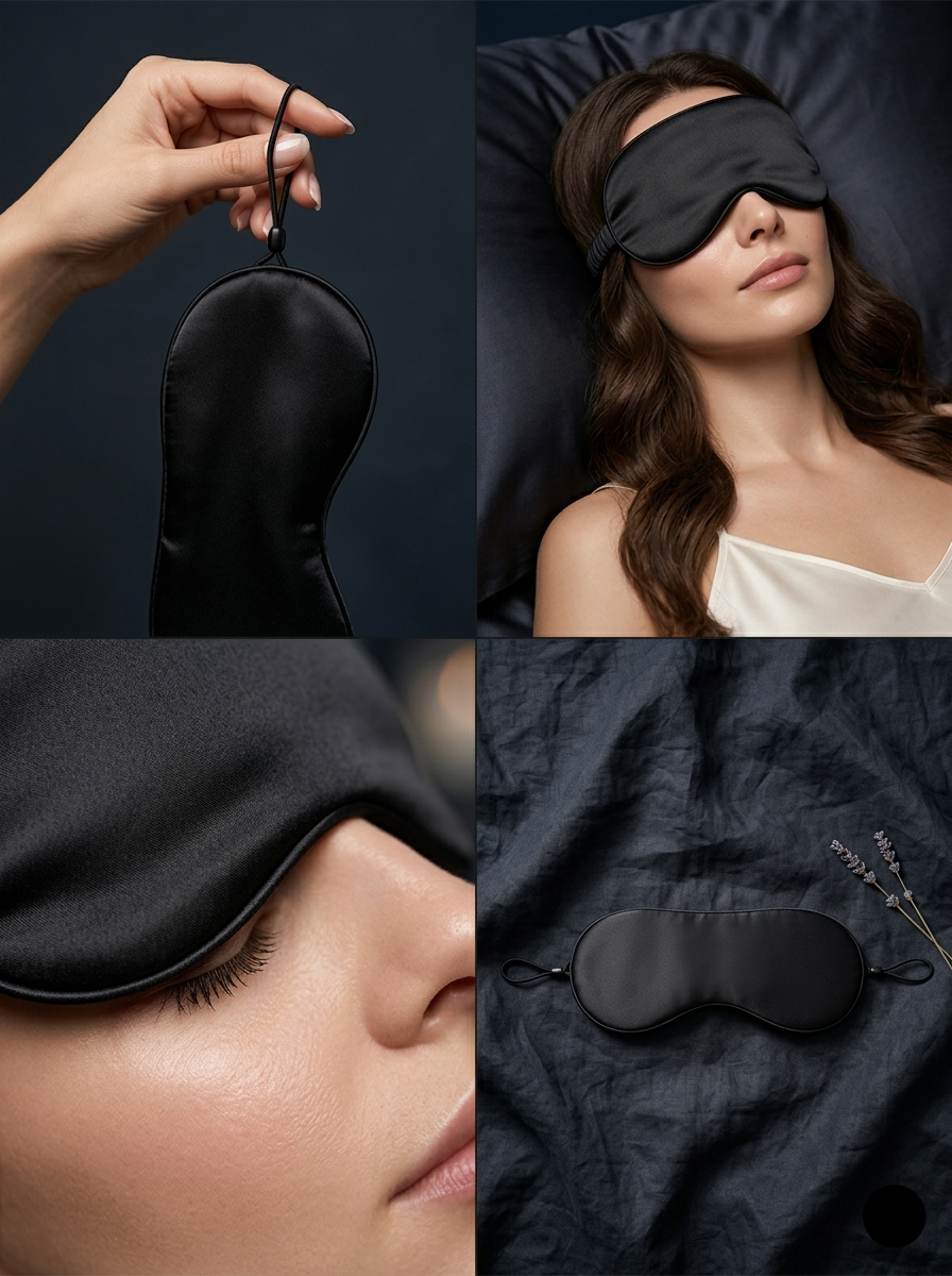 Montage présentant un masque de nuit occultant noir en soie pour un sommeil profond et une relaxation totale.