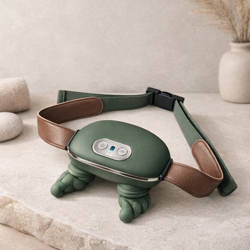 Appareil de massage cervical vert et marron, design moderne et compact pour la détente à domicile ou au bureau.