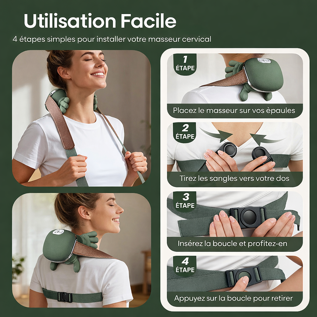 Guide en 4 étapes montrant comment installer et ajuster les sangles du masseur cervical sans fil.