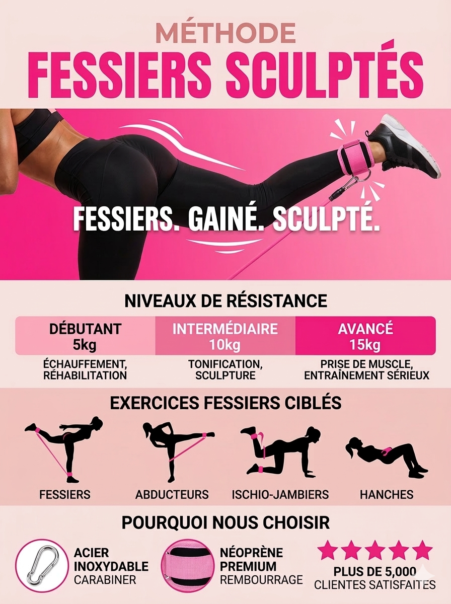 Tableau des niveaux de résistance (débutant à avancé) et exemples d'exercices ciblés pour sculpter les fessiers et les hanches.