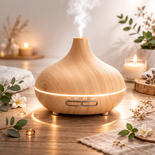 Diffuseur aromathérapie effet bois naturel idéal pour salon, chambre ou espace yoga.