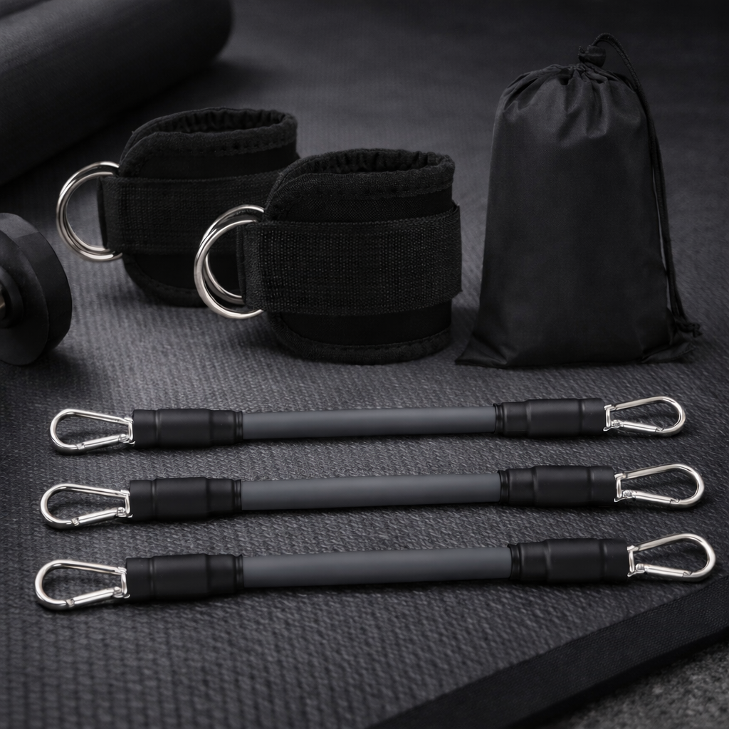 Kit de bandes de résistance noir complet avec sac de rangement pour s'entraîner partout.