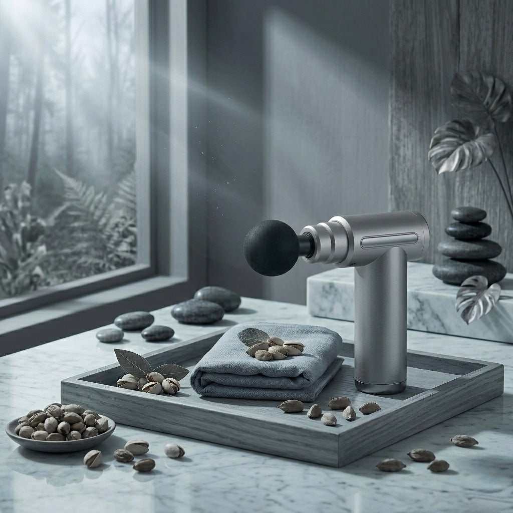 Pistolet de massage gris argenté compact, outil de massage portatif pour athlètes et soulagement du stress quotidien.