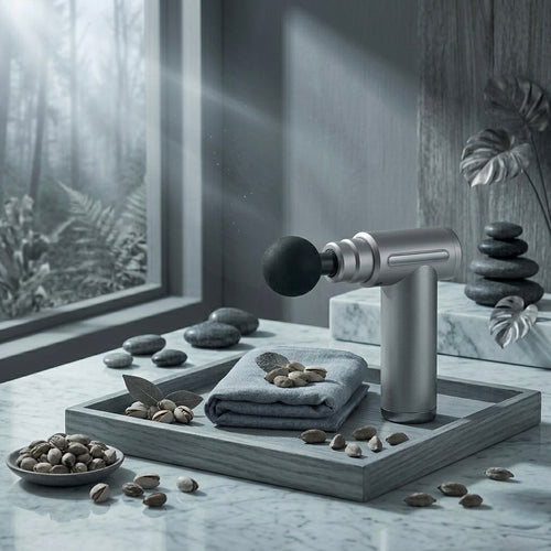 Pistolet de massage gris argenté compact, outil de massage portatif pour athlètes et soulagement du stress quotidien.