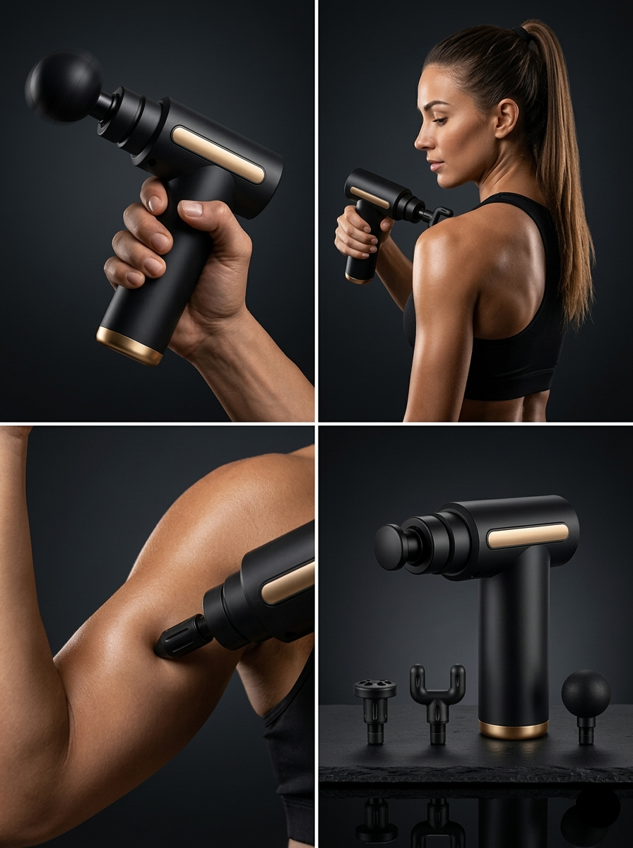 Utilisation d'un pistolet de massage sur différentes zones musculaires (bras, dos, jambes) pour soulager les courbatures.
