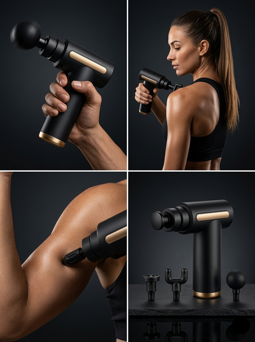 Utilisation d'un pistolet de massage sur différentes zones musculaires (bras, dos, jambes) pour soulager les courbatures.