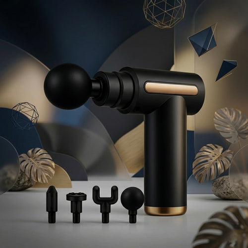Pistolet de massage noir et or au design ergonomique avec ses accessoires pour une thérapie par percussion à domicile.