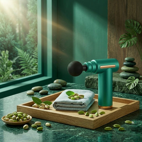 Masseur à percussion vert émeraude dans un décor relaxant, parfait pour détendre les muscles en profondeur.