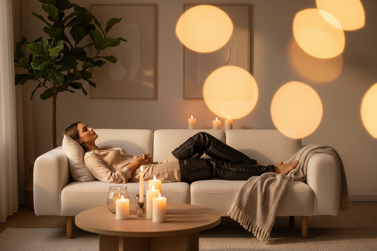Femme se relaxant sur un canapé avec des bottes de pressothérapie pour une séance de drainage lymphatique à la maison.