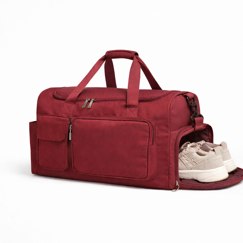 Sac de fitness bordeaux élégant avec grande capacité de rangement pour vêtements de gym.