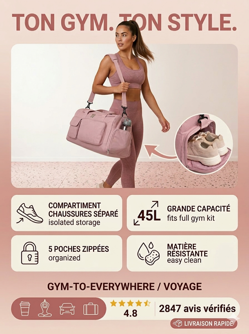Caractéristiques du sac de fitness : capacité 45 litres, matière résistante à l'eau et 5 poches zippées pour l'organisation.