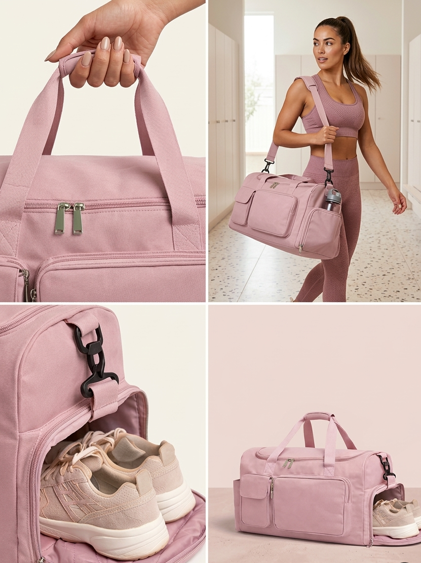 Détails d'un sac de sport rose avec compartiment séparé pour baskets et poches de rangement intelligentes.