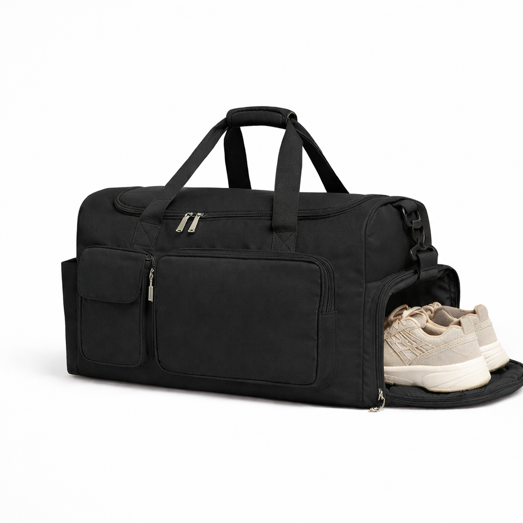 Sac de sport noir polyvalent, design sobre et robuste pour la salle de musculation.