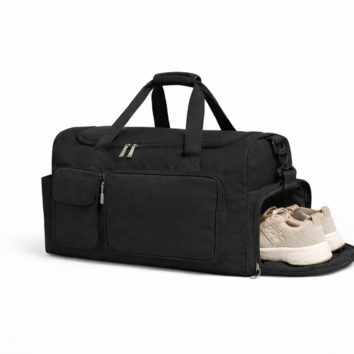 Sac de sport noir polyvalent, design sobre et robuste pour la salle de musculation.