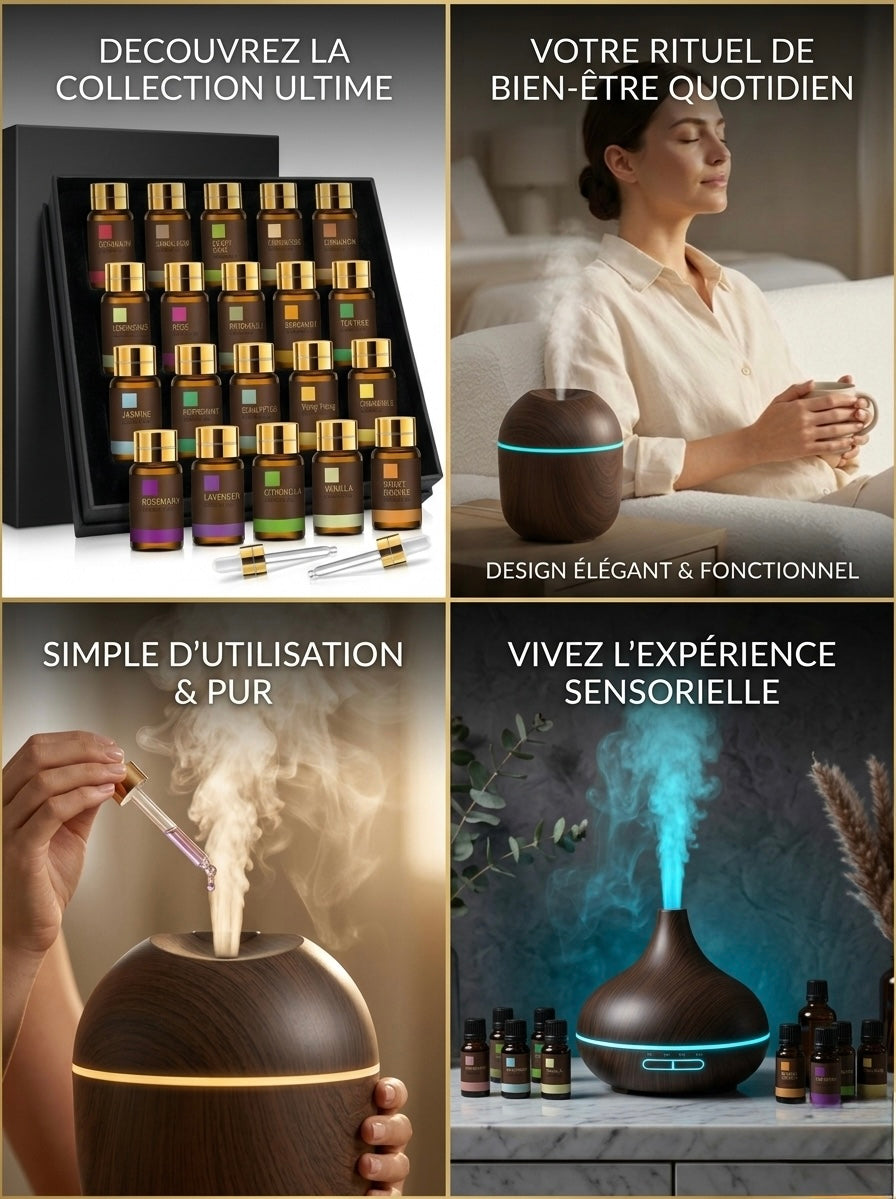 Main versant une goutte d'huile essentielle dans un diffuseur de brume pour une expérience sensorielle et relaxante à la maison.